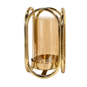 AD1881-2D | Portavela dorado con vidrio y diseño curvo elegante