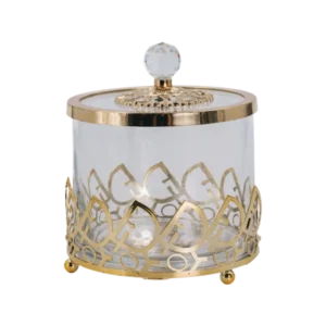 AD2053-1D | Bombonera blanca decorativa con base dorada calada