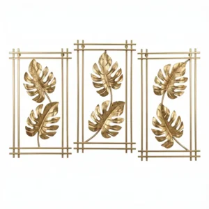 AD2183 | set x 3 cuadros dorado con hojas tropicales