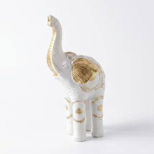 AD2201 | Elefante decorativo blanco y dorado con trompa elevada
