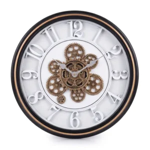 AD2222-B | Reloj blanco con engranajes dorados y marco oscuro