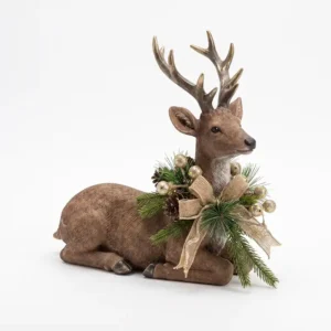Reno navideño de resina con follaje y detalles dorados
