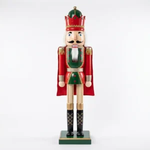 Cascanueces navideño de madera rojo verde y dorado con corona
