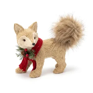 Zorro navideño beige con bufanda roja y follaje