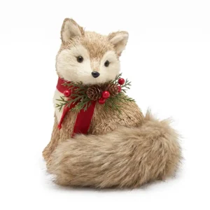 Zorro navideño beige con bufanda roja y piñas