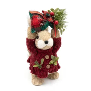 Ardilla navideña beige con vestido rojo y regalo