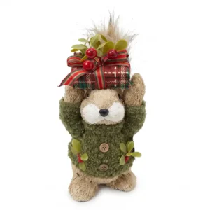 Ardilla navideña beige con vestido verde y regalo