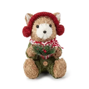 Oso navideño beige con orejeras rojas y follaje
