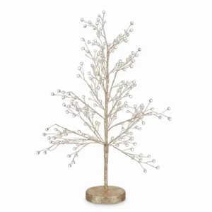 Árbol navideño dorado con luces y detalles transparentes
