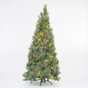 Árbol navideño verde con piñas y luces multicolor