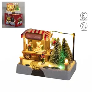Villa navideña iluminada con tienda de juguetes